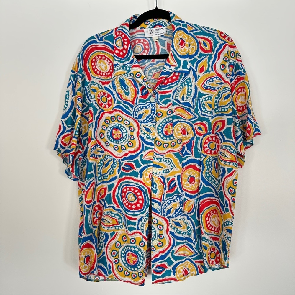 Braemar Jeremy Scott Colorful Abstract Print Viscose Button Down Shirt Size L